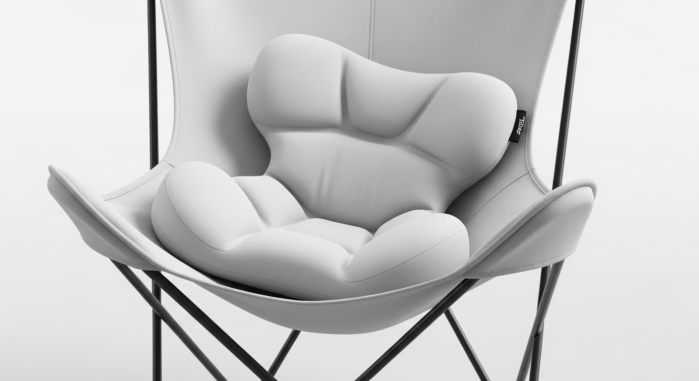 バタフライチェアの座面に置かれたP!ntoのような立体クッションが、布の沈み込みと一緒に不安定に傾いている様子。