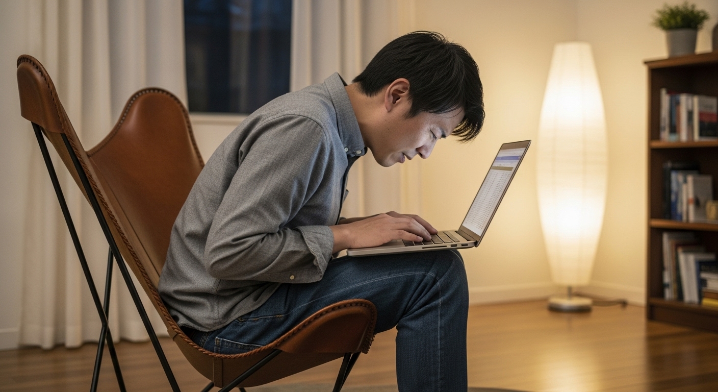 バタフライチェアでノートパソコンを使おうとして、背中を丸め、無理な前傾姿勢になっているアジア人男性。