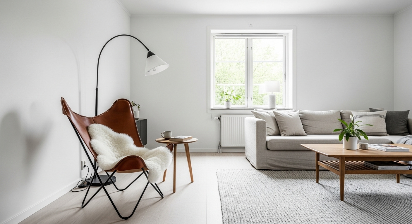 北欧スタイルのおしゃれなリビングに、シープスキンをかけて置かれたCUEROのバタフライチェア。