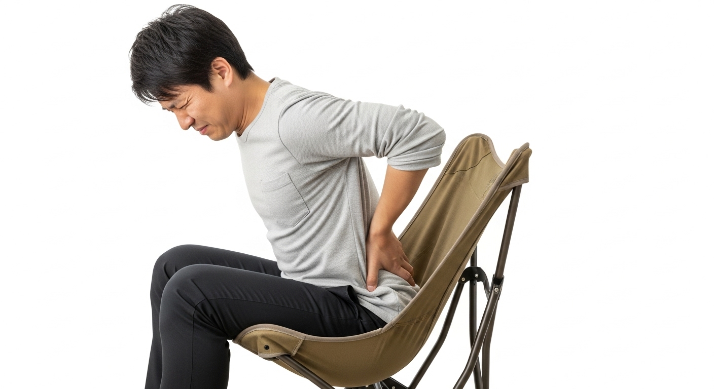 深く沈み込むロータイプのキャンプ用チェアに座り、腰を丸めて不快そうな表情を浮かべるアジア人男性。