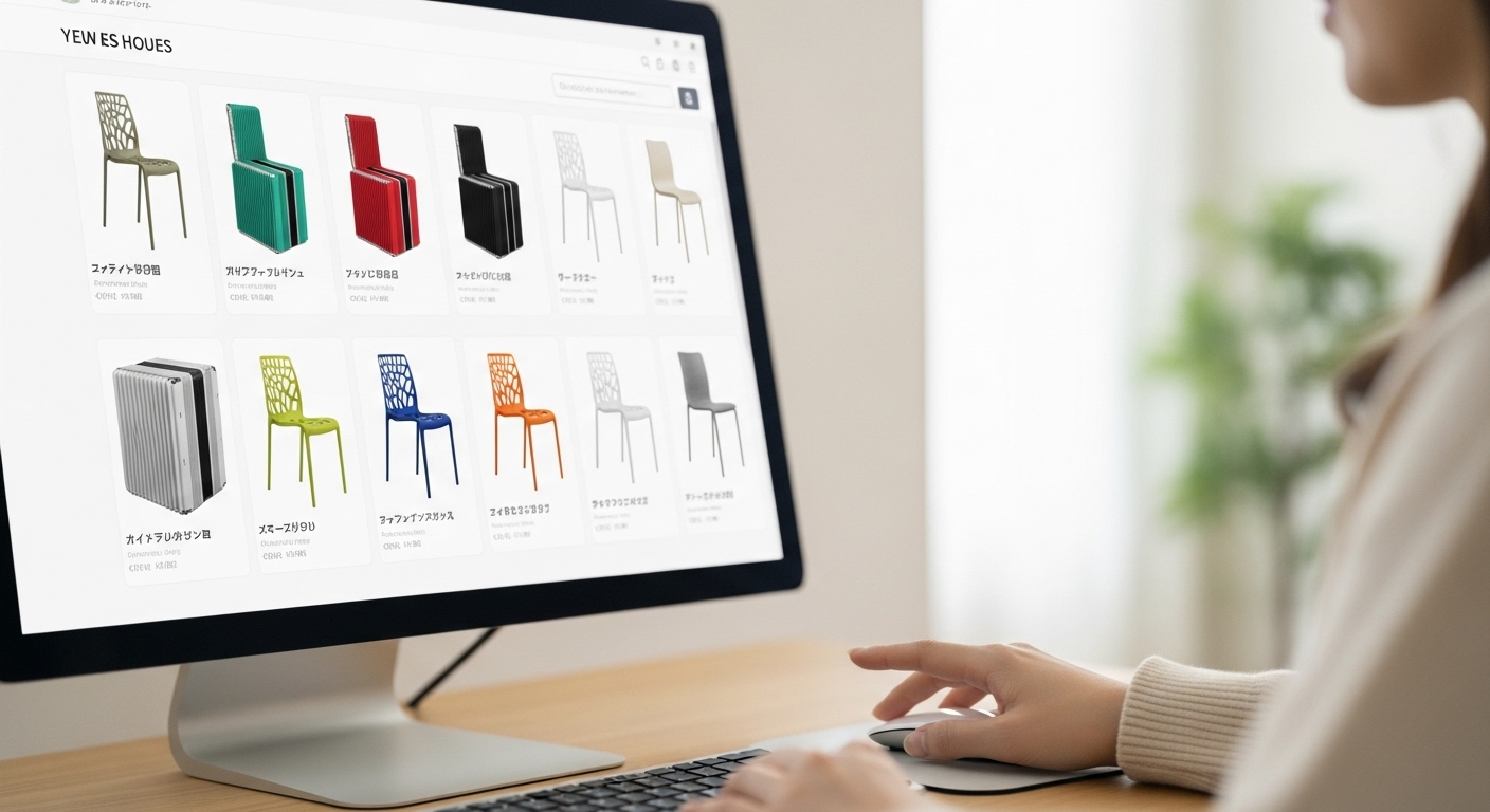 パソコン画面に表示された、様々な色の伸縮スツールが並ぶオンラインショッピングサイトの画像。