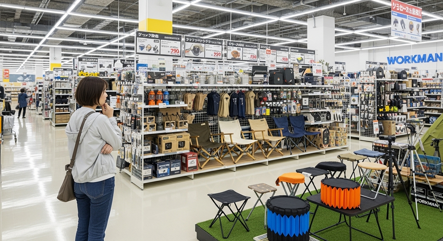 ホームセンターのアウトドア用品コーナーで、アコーディオン椅子を含むポータブルスツールを見ている日本人女性。