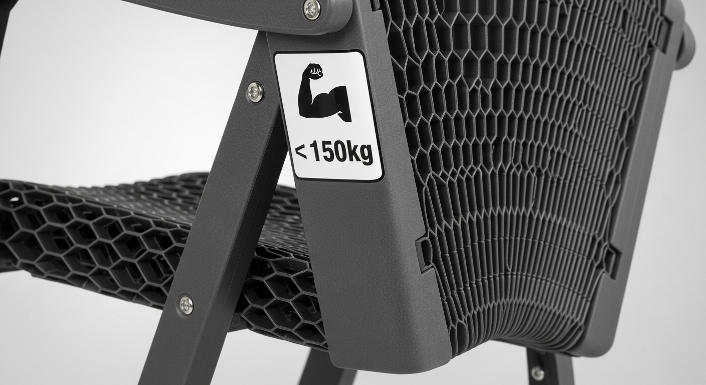 耐荷重の表示がある、頑丈なアコーディオン椅子（伸縮スツール）のクローズアップ。