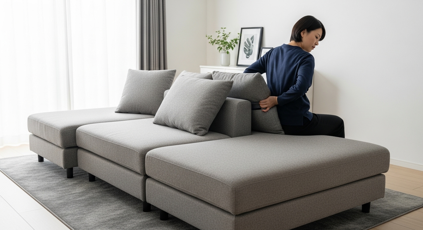 リビング中央に置かれたアイランドソファに座り、背もたれが低く体が疲れやすそうな様子の日本人女性