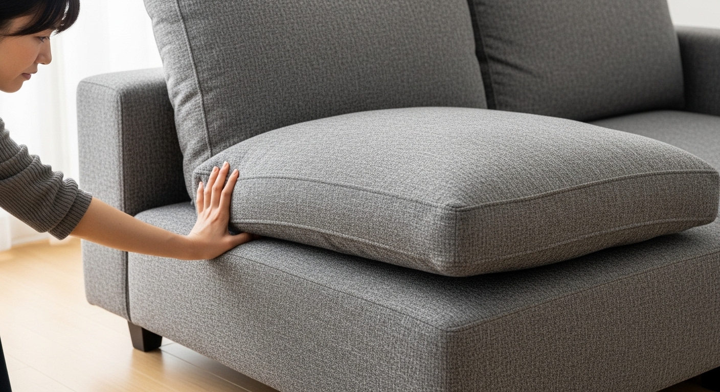 アイランドソファの背もたれクッションが後ろに倒れ、座面クッションが前にずれている様子。手でクッションを直そうとしている。