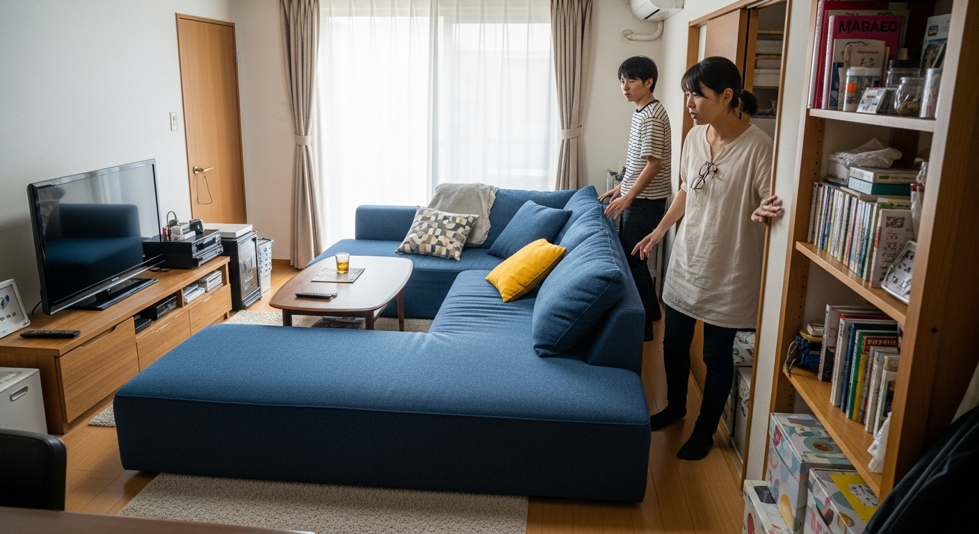 狭いリビングに置かれた大きなアイランドソファが空間を圧迫し、通路が窮屈になっている様子。