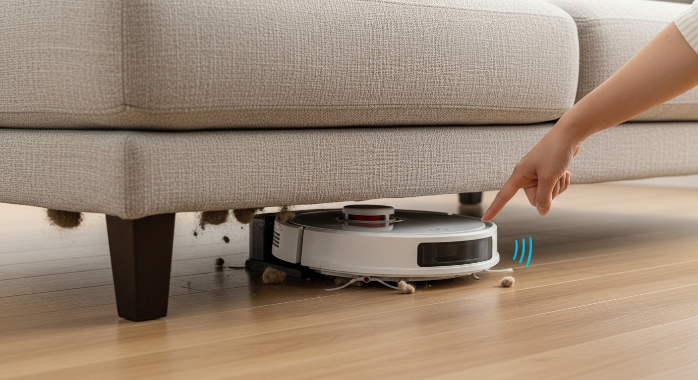 脚が低すぎるアイランドソファの下にホコリが溜まっており、ロボット掃除機が入れずに困っている様子。