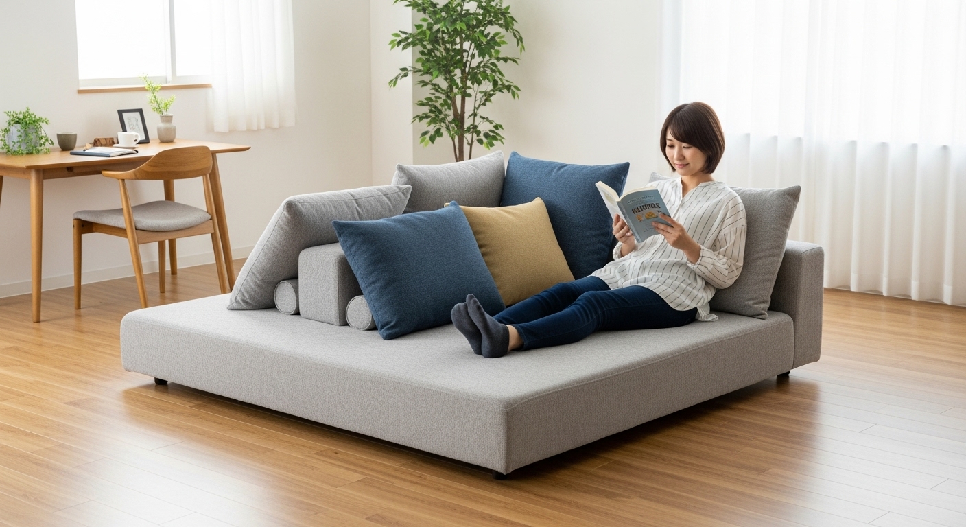 クッションを工夫して快適にアレンジされたアイランドソファでくつろぐ日本人女性がいる、明るいリビングの風景。