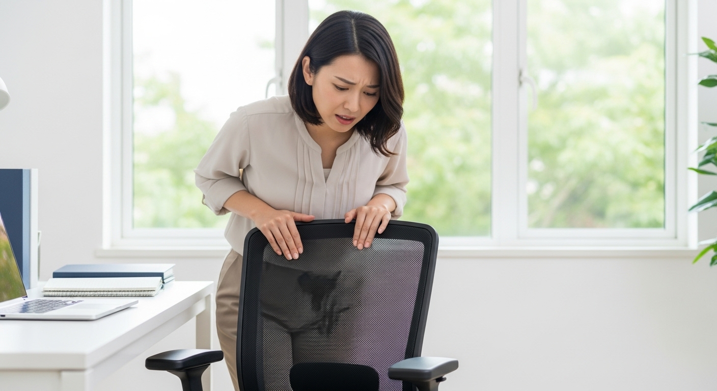 椅子に座ると濡れる現象に困惑する日本人女性がオフィスチェアの濡れた座面を見ている様子。