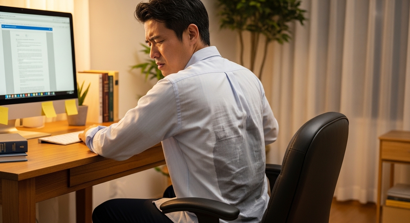 デスクワーク中に汗で椅子が蒸れて不快そうな様子の日本人男性。