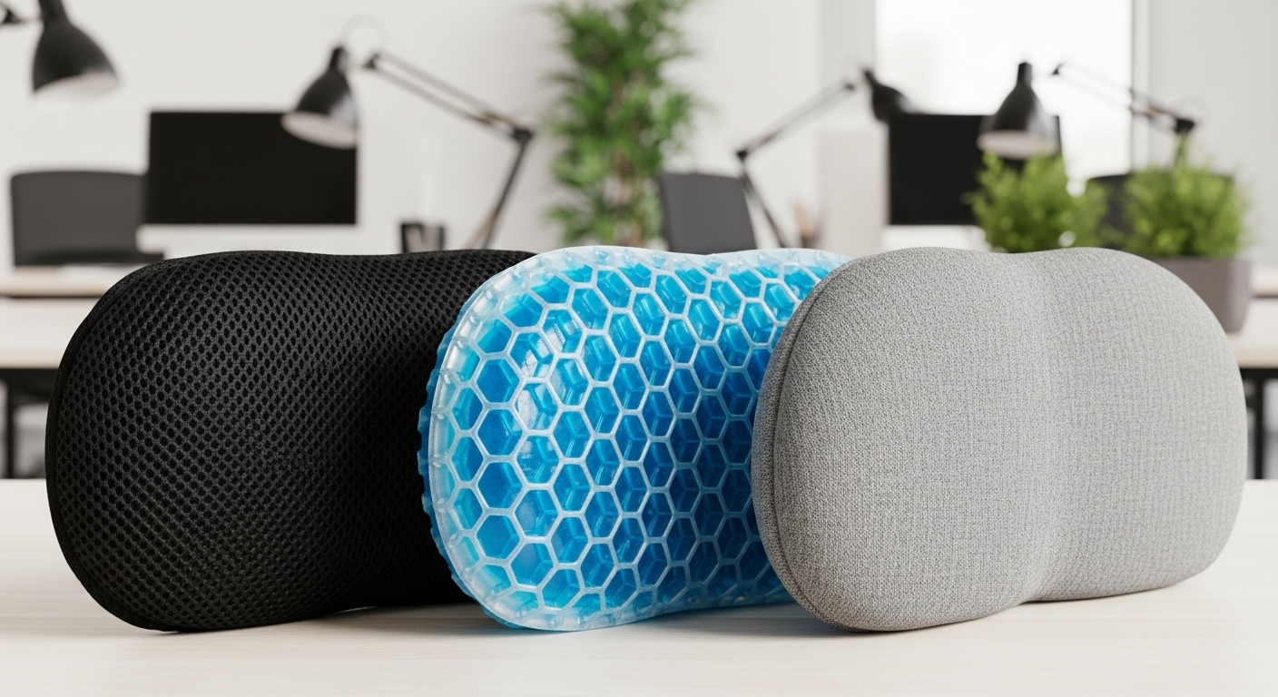 蒸れ対策に効果的なメッシュ、ゲル、接触冷感素材のクッションが並べられている様子。