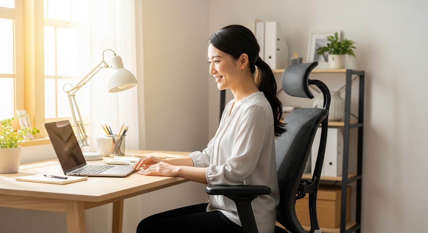 快適なメッシュチェアに座って笑顔で仕事をする日本人女性。
