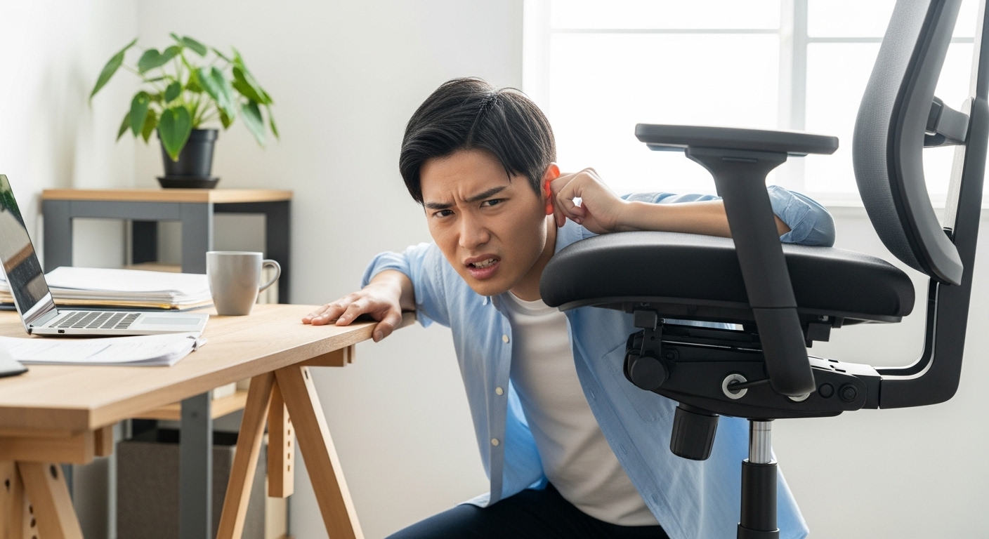 椅子から鳴るギシギシ音の原因を特定しようと、座面の下を覗き込む日本人男性。