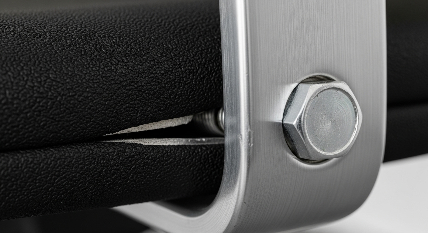 オフィスチェアのアームレスト付け根にある、わずかに緩んだボルトのクローズアップ。