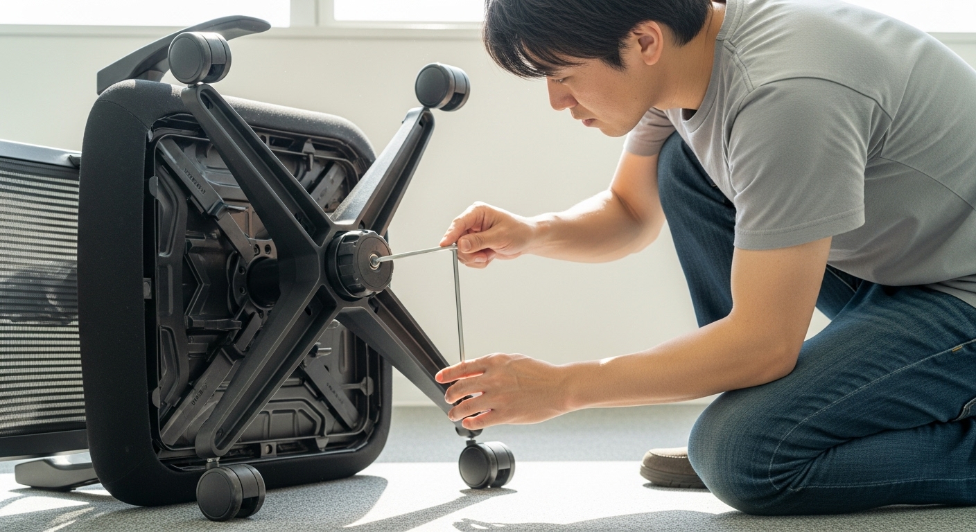 床にひっくり返したオフィスチェアのネジを締めて修理する日本人。