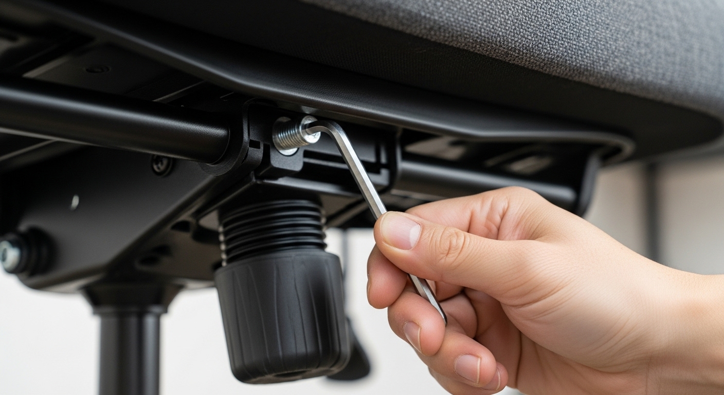 オフィスチェアの座面下にあるボルトを六角レンチで締め直している様子。