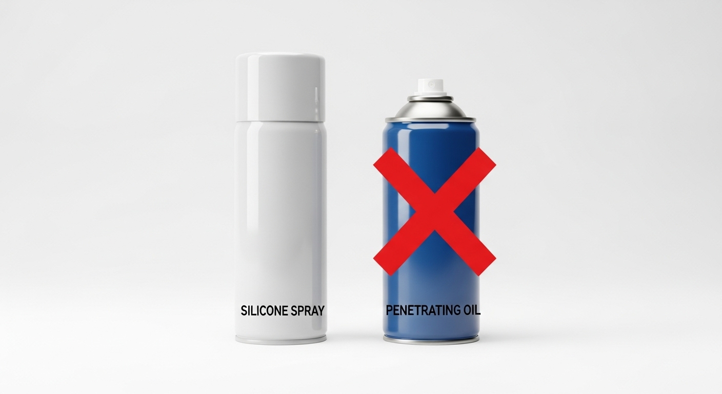 椅子への使用が推奨されるシリコンスプレーと、非推奨の浸透潤滑剤を比較したイメージ。