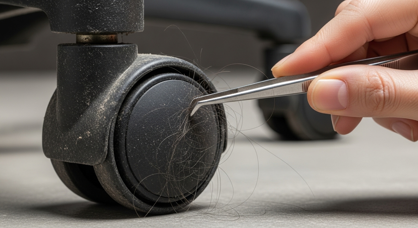 オフィスチェアのキャスターに絡まった髪の毛やホコリをピンセットで掃除している。