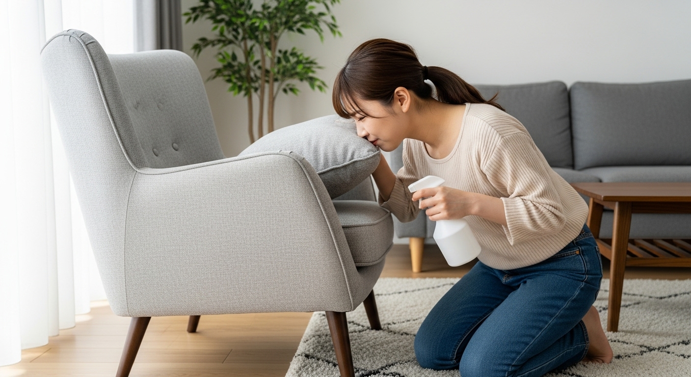 臭い椅子にファブリーズをかけようか悩んでいる日本人女性