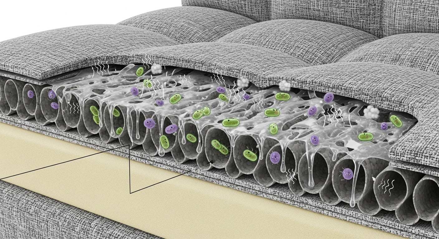 椅子の繊維の奥に染み込んだ汗や皮脂汚れと雑菌の図解