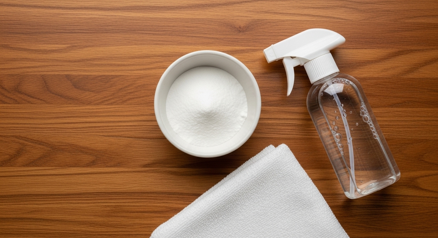 椅子の掃除に使う重曹とスプレーボトルとタオル
