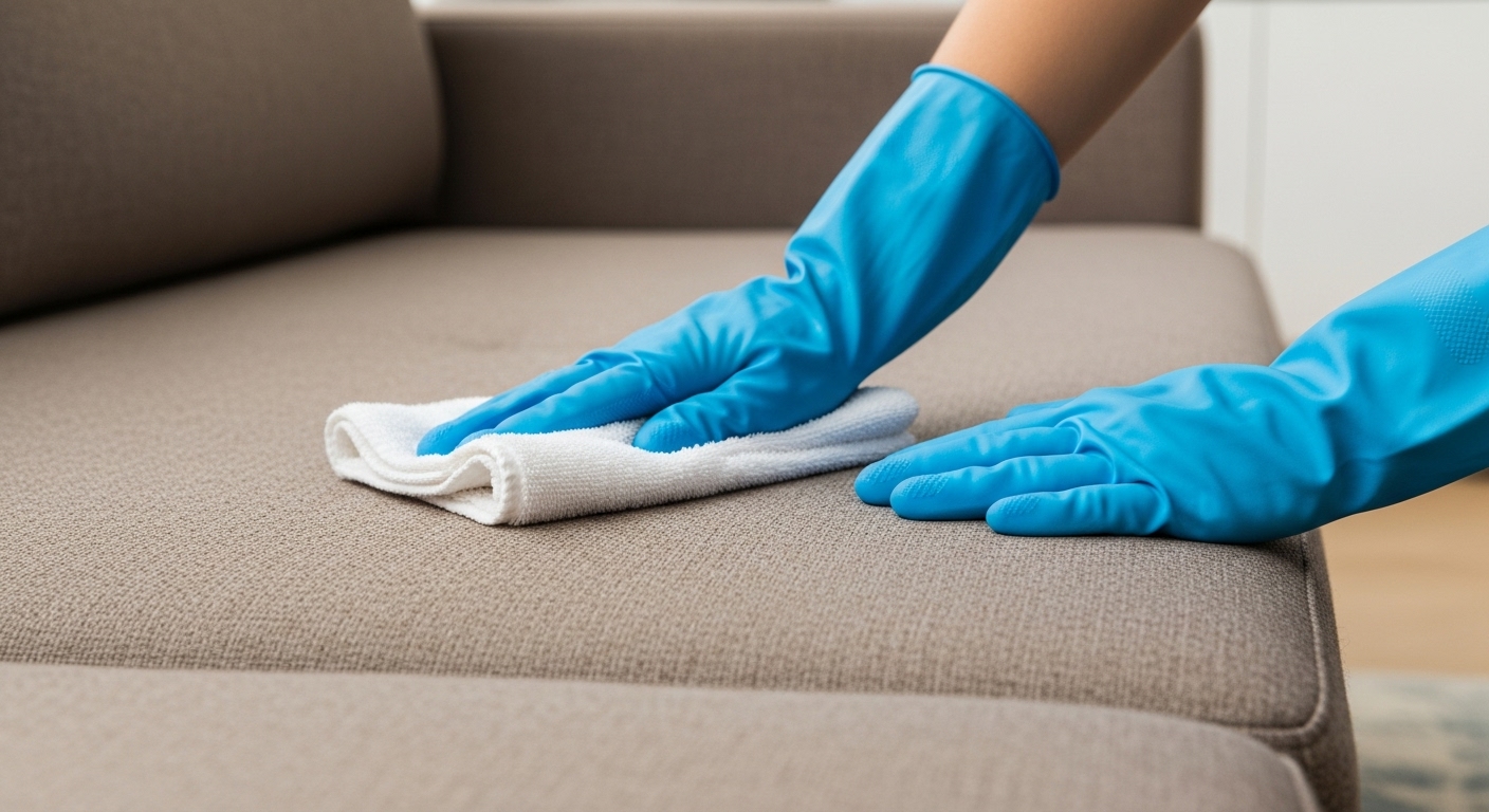 重曹水を含ませたタオルで、布製椅子の座面を叩き拭きしている様子