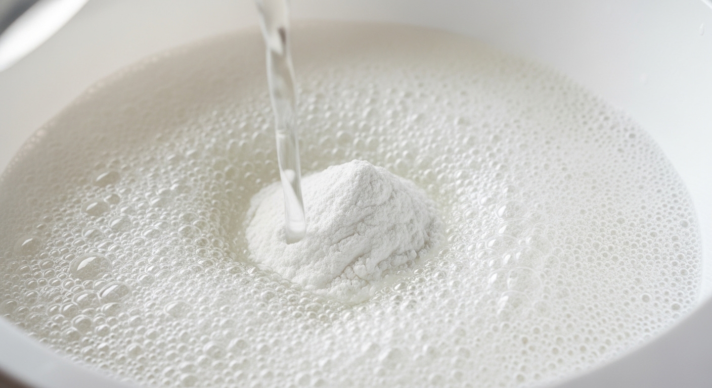 お湯に酸素系漂白剤（オキシクリーン）を溶かし、泡立っている様子