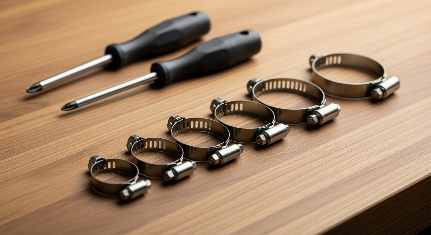 椅子が下がる問題の応急処置に使われるホースバンドとドライバー各種が作業台に並べられている様子