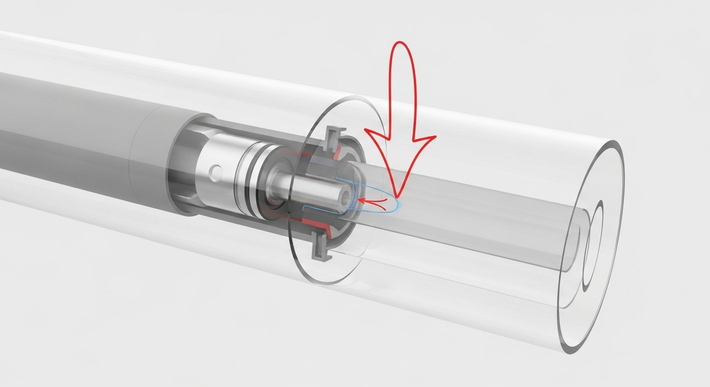 オフィスチェアのガスシリンダーの内部構造を示した図解。内部のシール劣化が椅子が下がる原因であることを示している。
