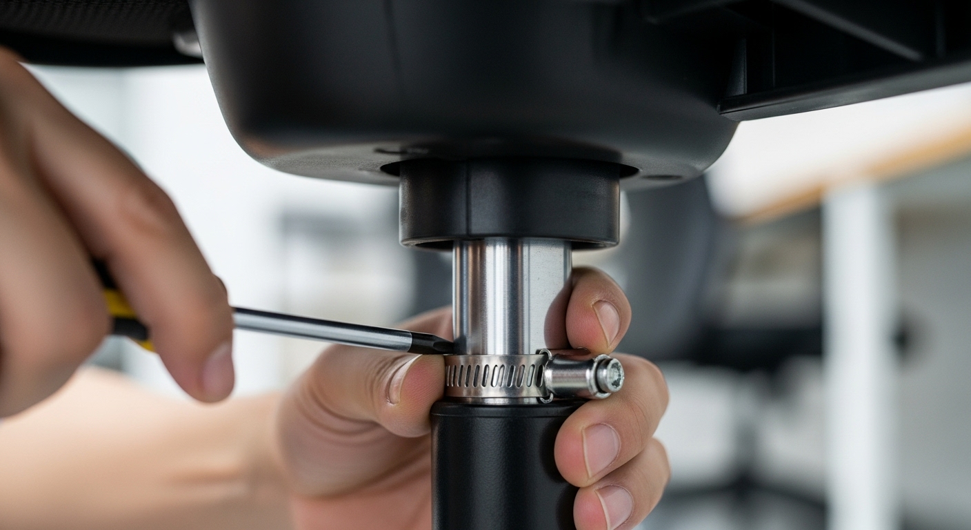 オフィスチェアの金属シャフトにホースバンドをドライバーで強く締め付けて固定している様子のクローズアップ写真