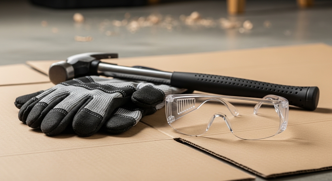 シリンダー交換作業の危険性を示すため、床の養生の上に置かれた保護メガネ、作業用手袋、金属ハンマー