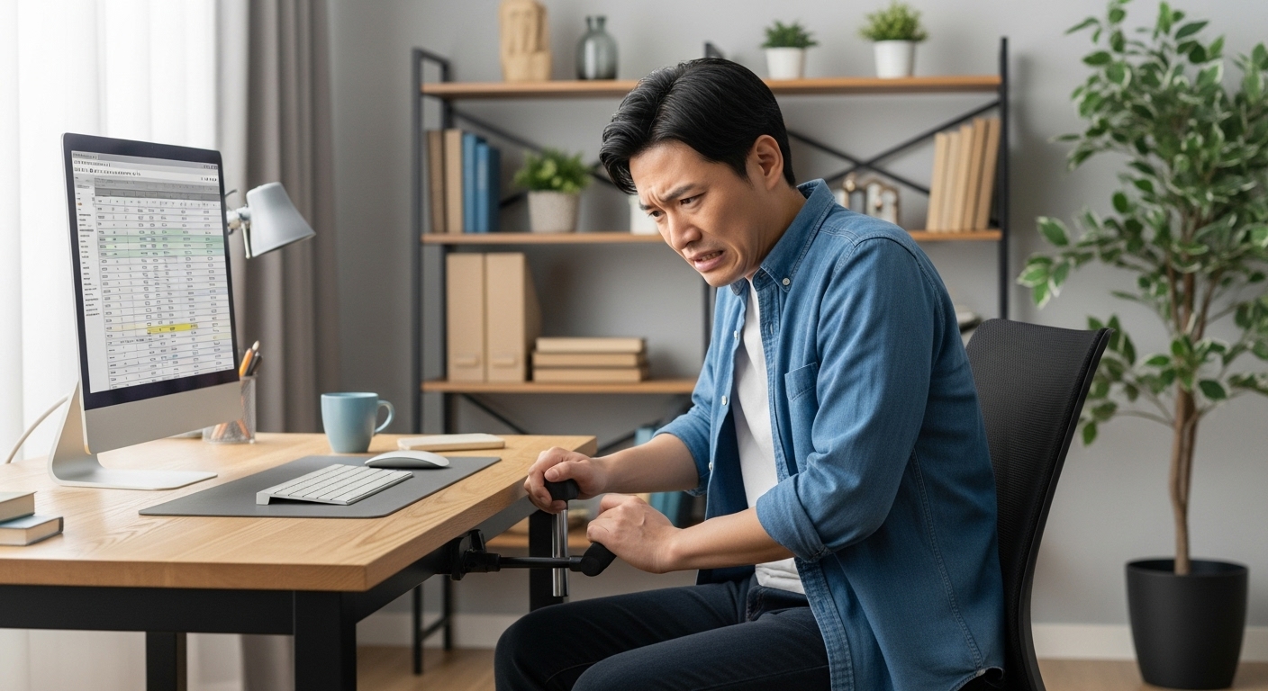 椅子が下がってしまい、自宅のオフィスで困った表情で座っている日本人男性