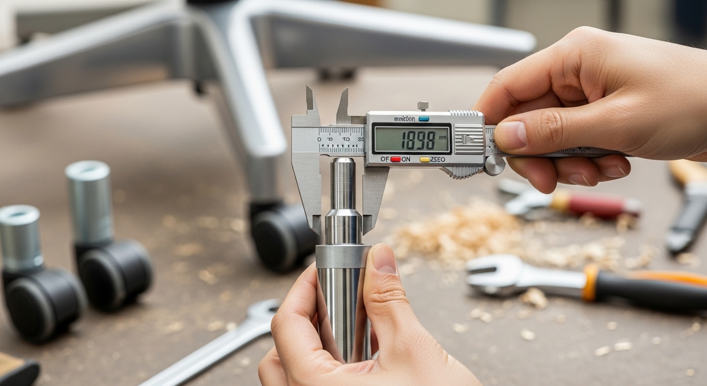 オフィスチェアのガスシリンダーのピストンシャフトの直径をデジタルノギスで正確に測定している様子