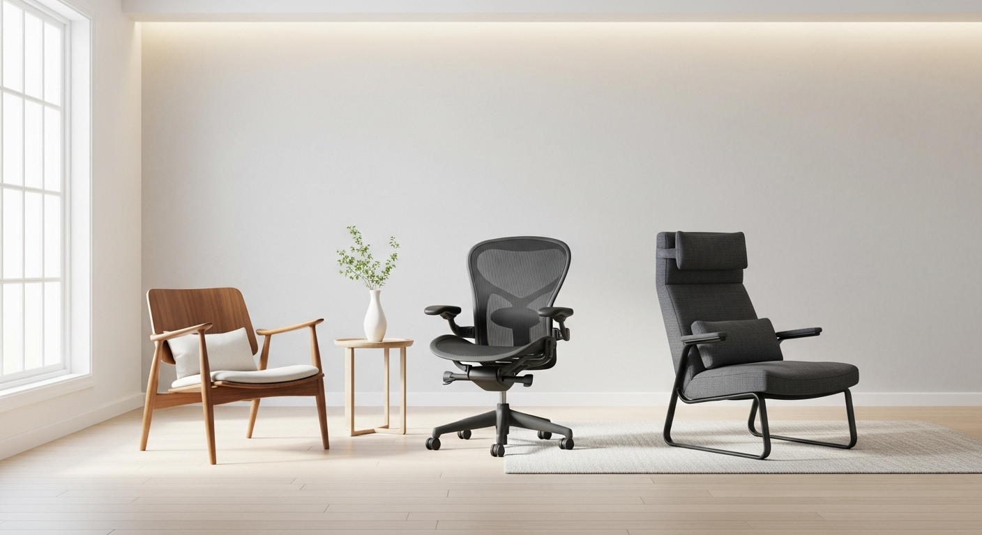 読書椅子の選び方をイメージさせる、ラウンジチェア、オフィスチェア、座椅子が並んだリビングルーム。