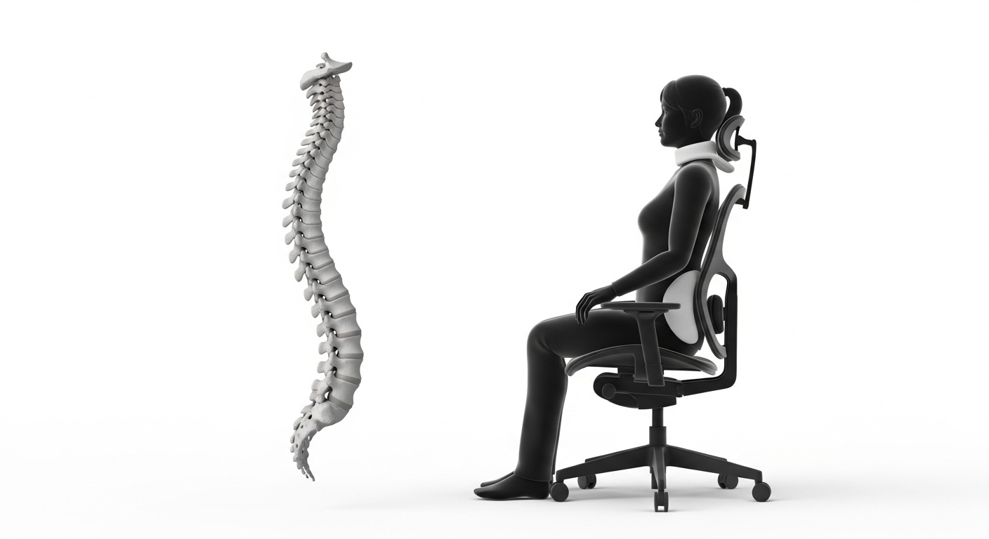 人間の背骨の正しいS字カーブと、それを支える椅子のランバーサポート、ヘッドレスト、アームレストの図解。