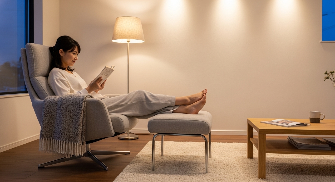 オットマンに足を乗せ、リクライニングチェアでくつろぎながら読書をする女性。
