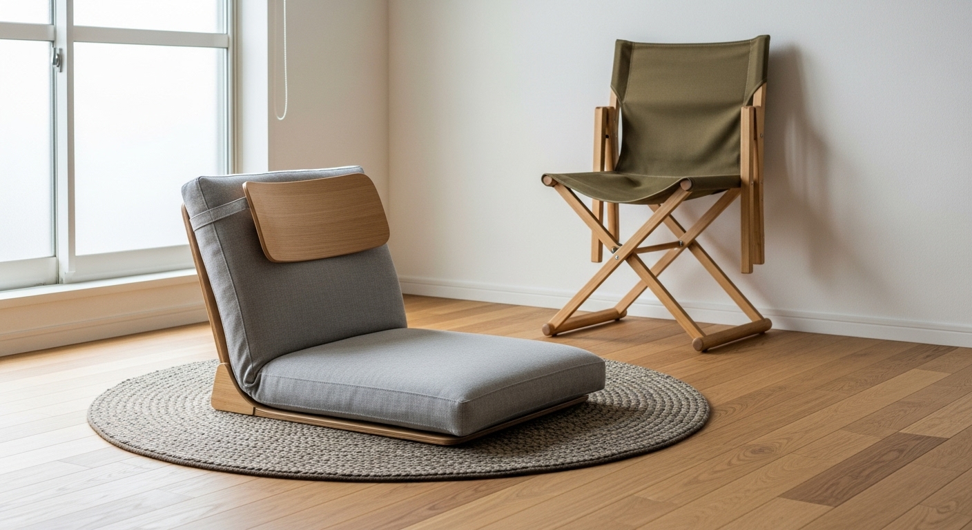 ワンルームの床に置かれた高機能な座椅子と、壁に立てかけられた折りたたみ式のニーチェア。