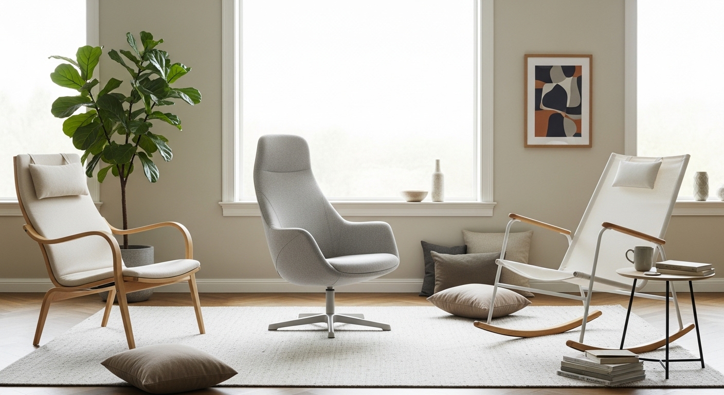 2025年版最強読書椅子として紹介される、ポエング風チェア、ファブリック製ゲーミングチェア、ニーチェアX。