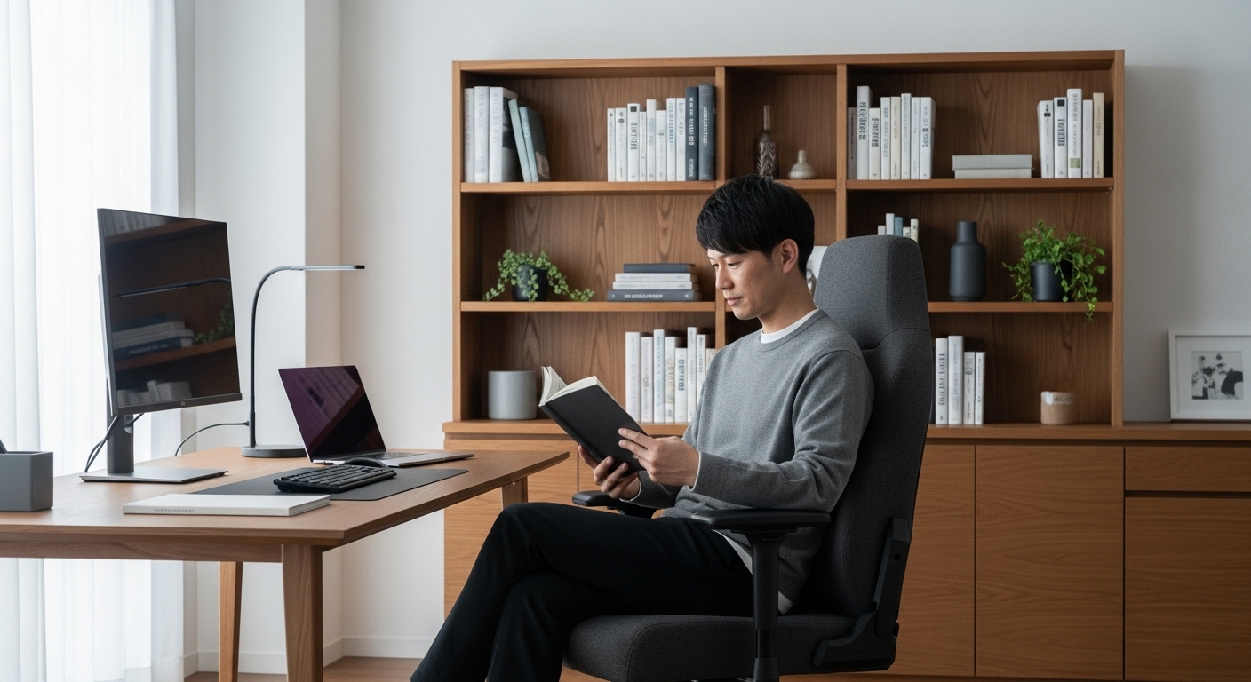 書斎のインテリアに馴染む、シックなファブリック生地のゲーミングチェアに座って読書する男性。