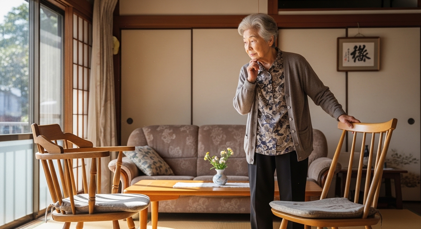 高齢者の女性がリビングルームでソファと高座椅子を見比べ、長時間座っても疲れない椅子選びに悩んでいる様子。