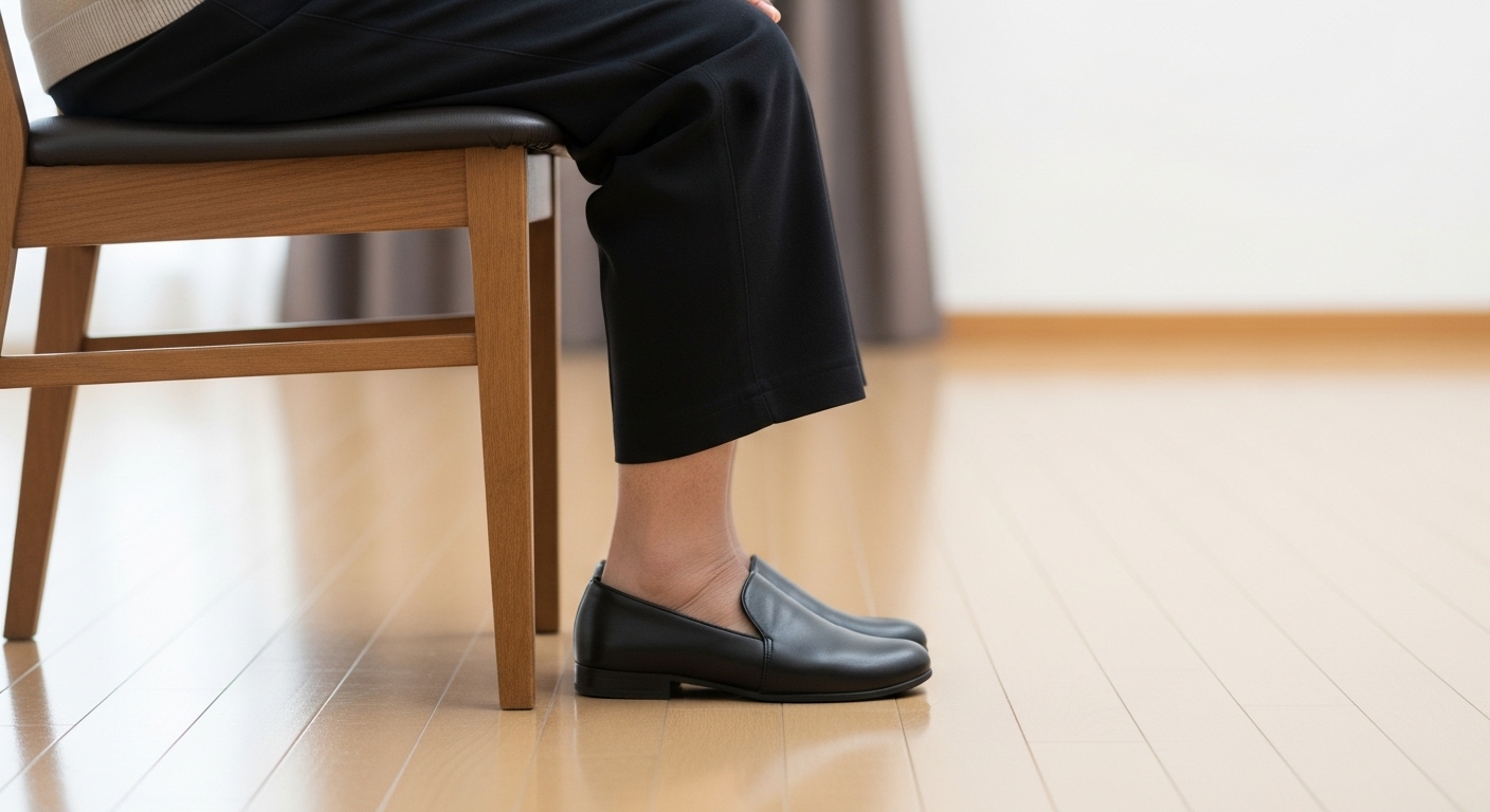 高齢者が椅子に深く腰掛け、足裏全体が床につき、膝が90度に曲がっている正しい座り方。