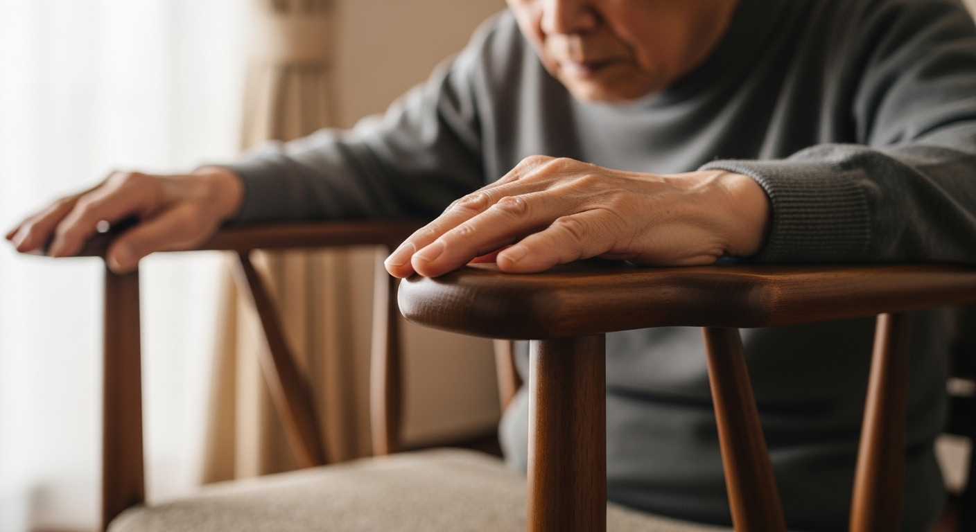高齢者の男性が椅子のしっかりした肘掛けに手をつき、体重をかけて立ち上がろうとしている瞬間。