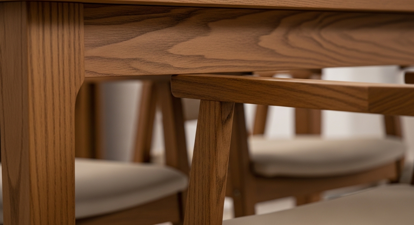 ダイニングチェアの肘掛けがテーブルの天板にぶつかり、椅子が奥まで入らない様子を示す写真。