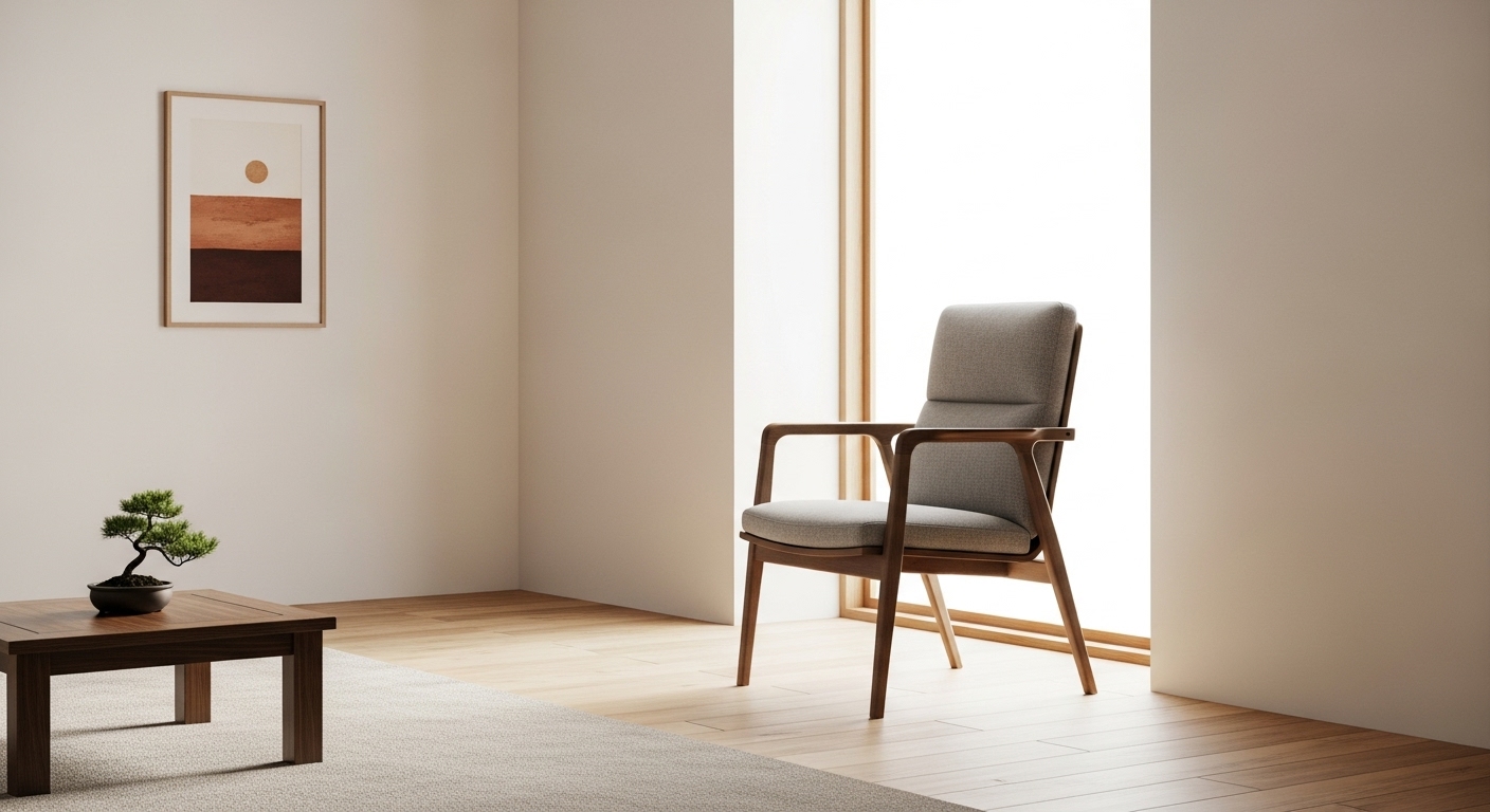 日当たりの良いリビングに置かれた、おしゃれでモダンなデザインの「高座椅子」。