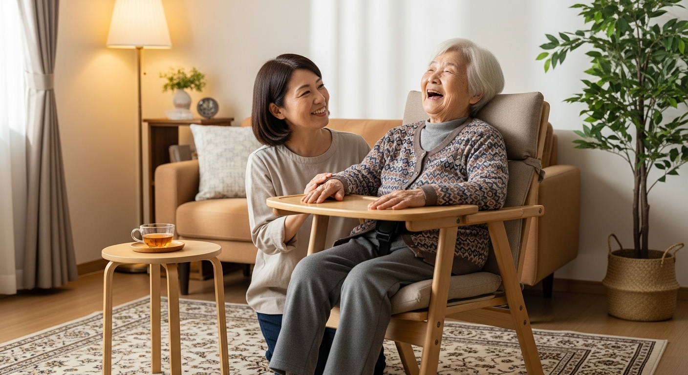 高齢者の母親に高座椅子をプレゼントし、喜んでいる様子を見守る娘。
