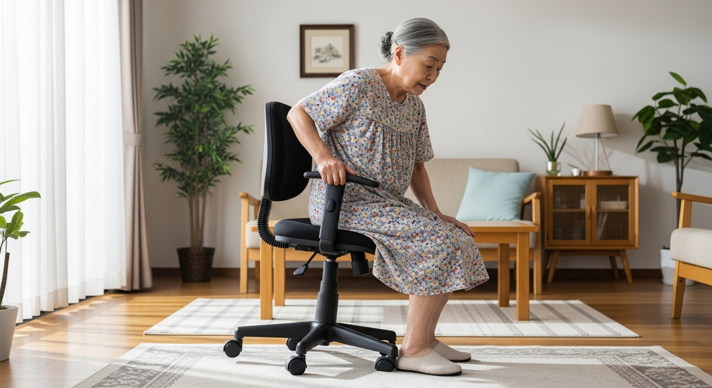 キャスター付きのオフィスチェアに不安定な様子で座ろうとする高齢の日本人女性