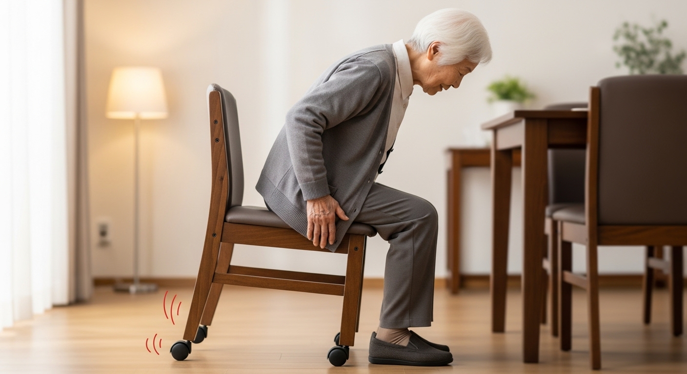 キャスター付きの椅子に浅く腰掛けたため、椅子が前方に傾き転倒しそうになっている様子