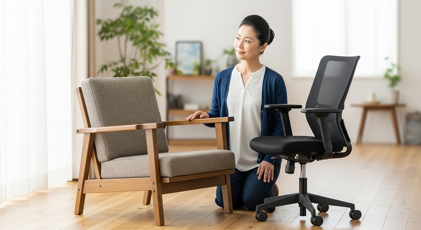 安全な固定脚の椅子（左）と危険なキャスター付き椅子（右）を比較検討している日本人親子