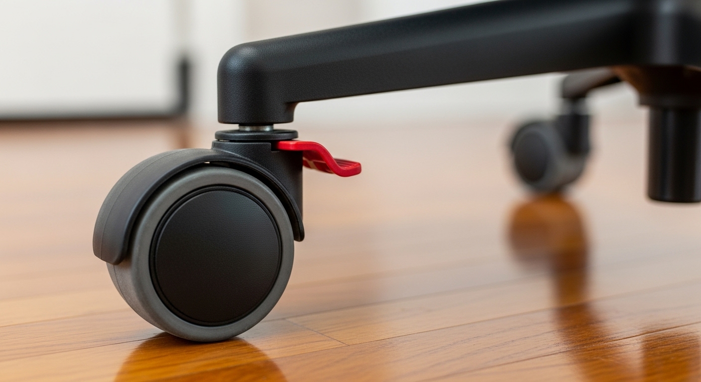 フローリングの床で、ブレーキ（ストッパー）が作動してしっかりと固定されている安全なキャスターのクローズアップ