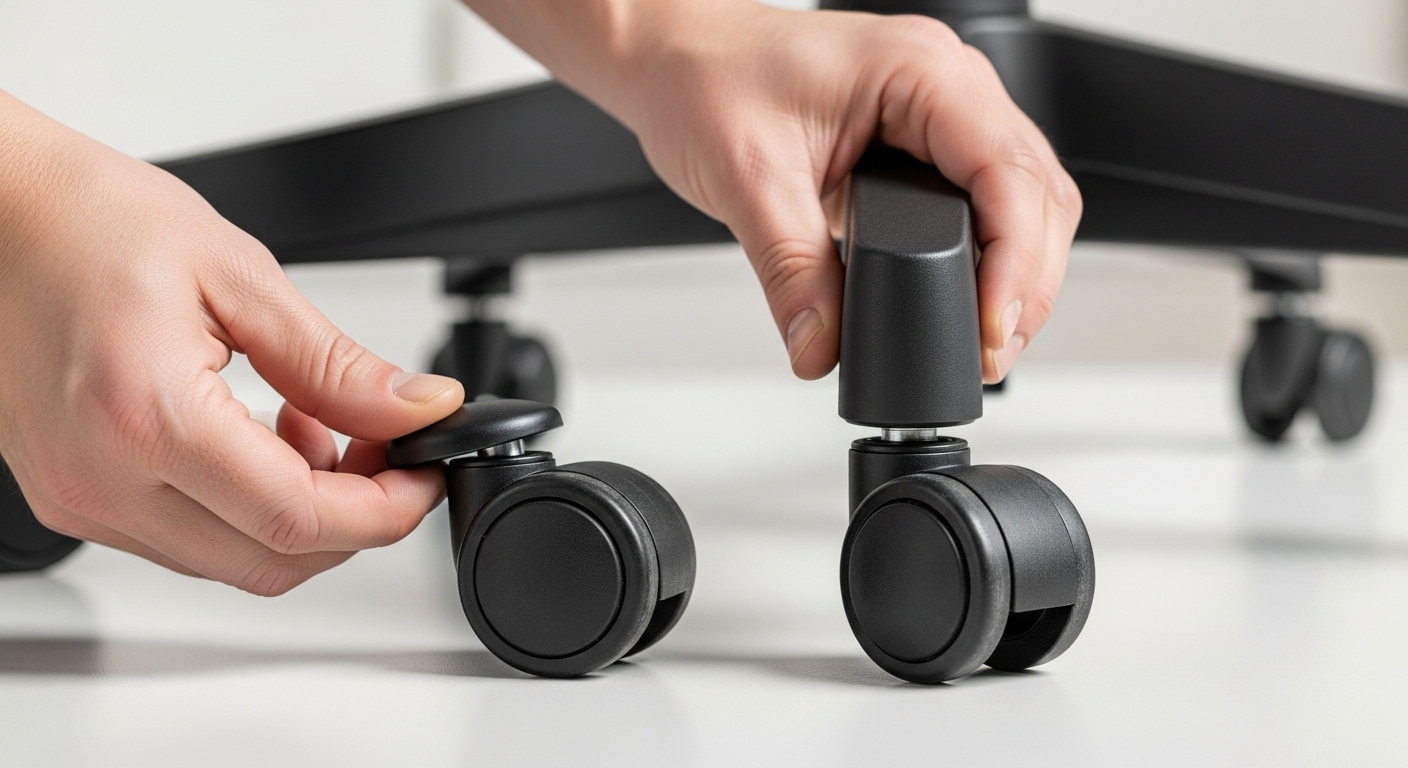 オフィスチェアのキャスターを、安全な「固定脚（グライド）」部品に交換している手のクローズアップ